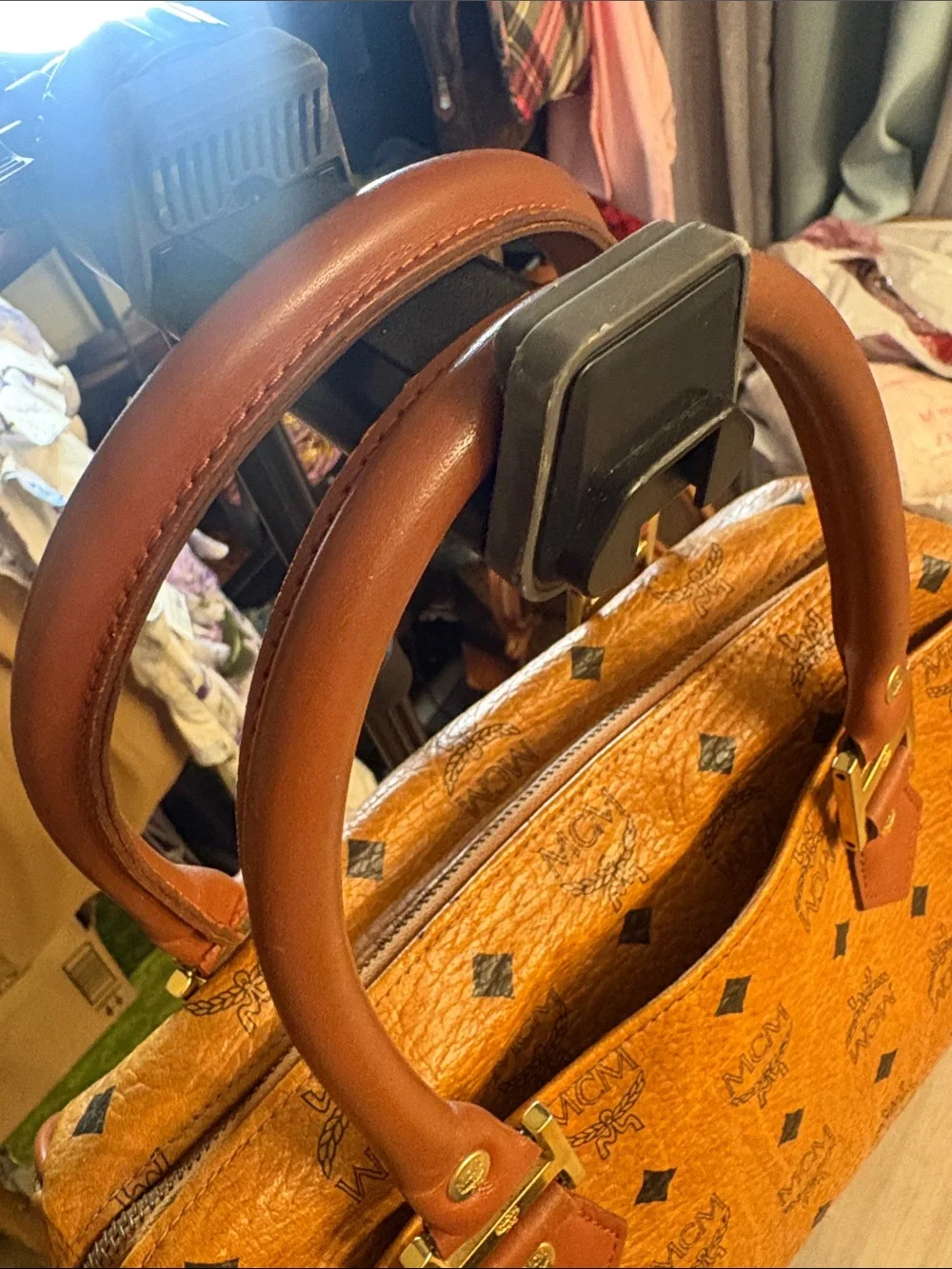 MCM Cognac Brown Visetos Monogram Satchel